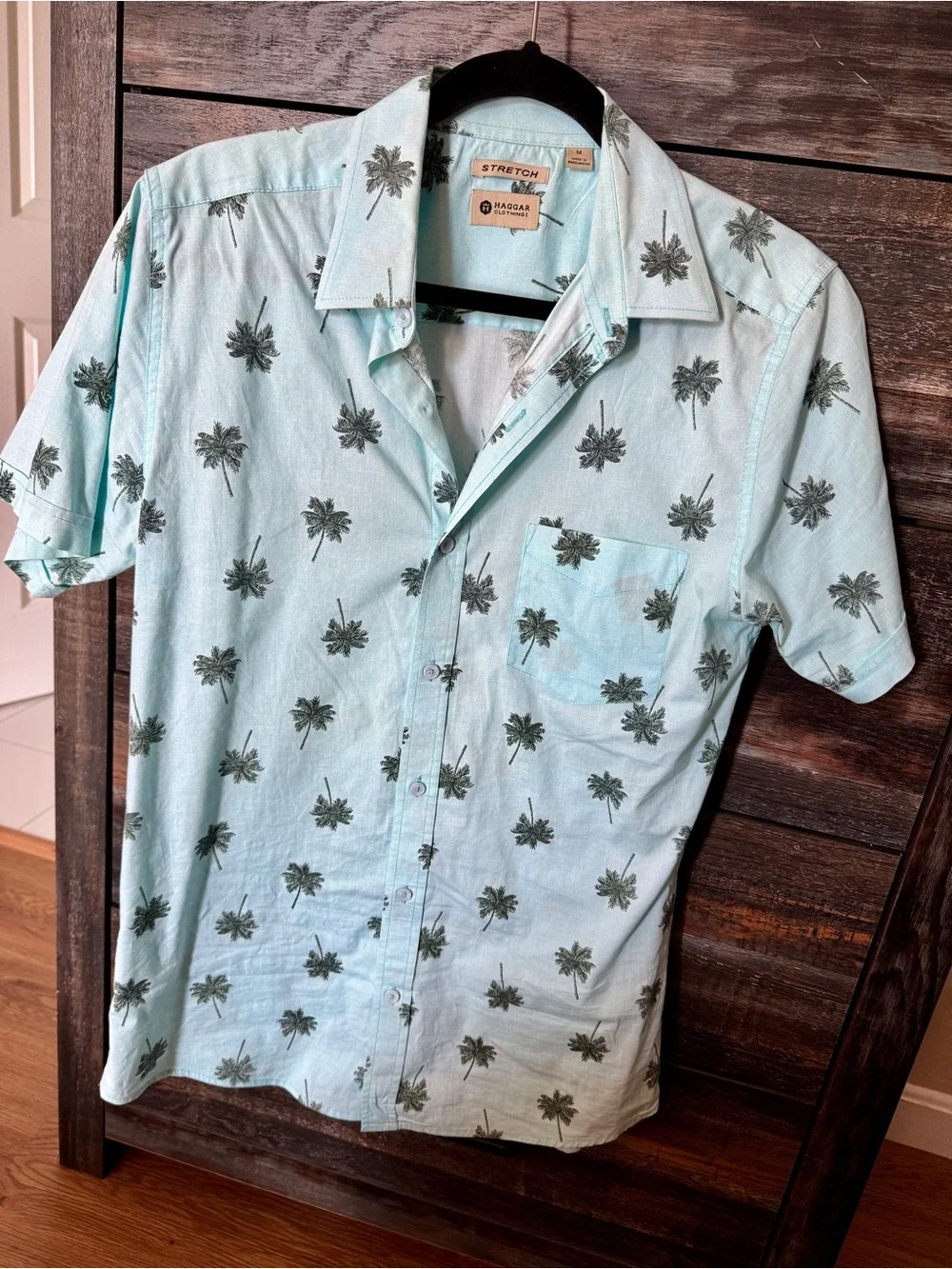 Light Blue Palm-Print Stretch Short-Sleeve Shirt